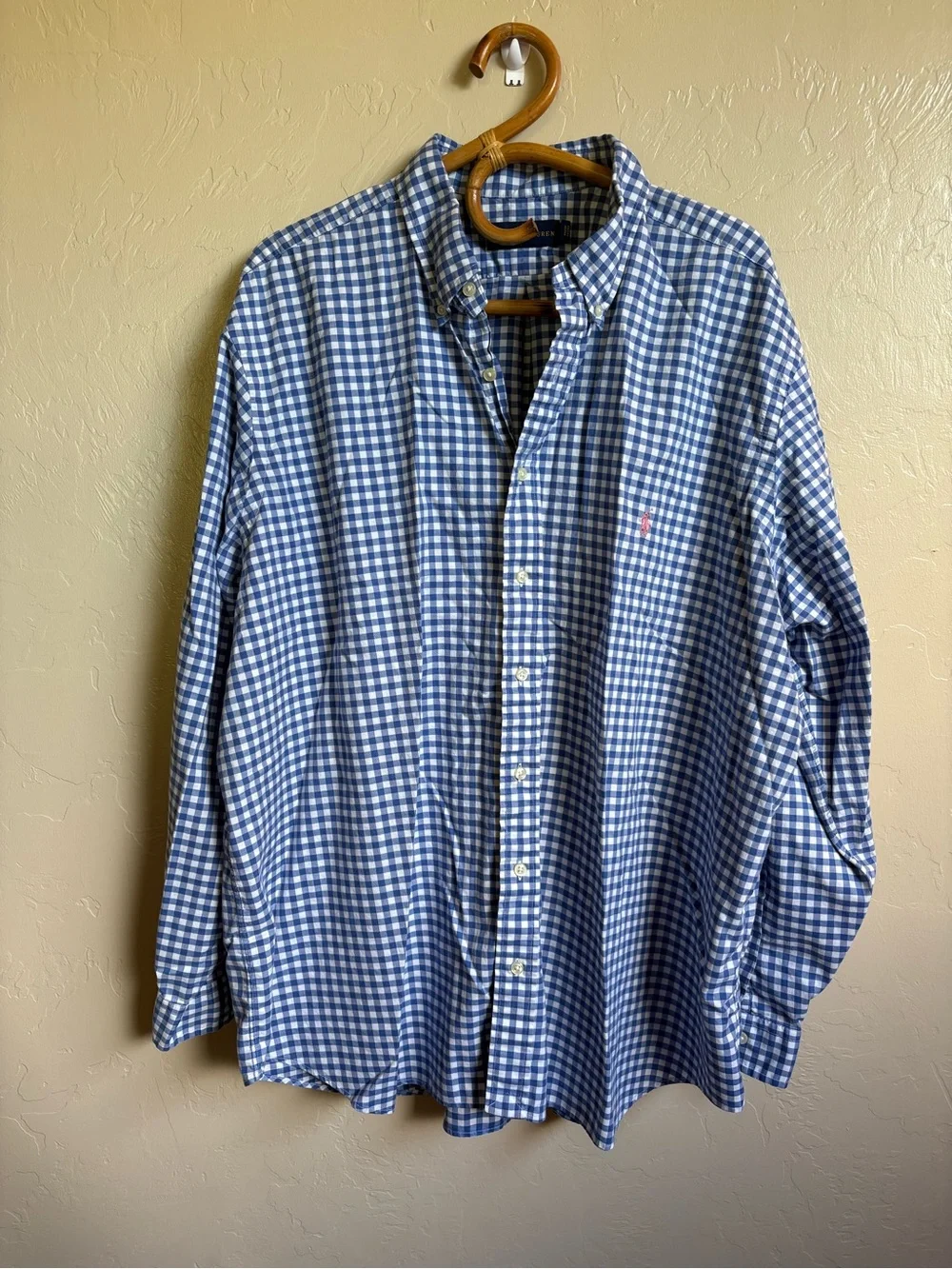 Ralph Lauren Gingham Check Plaid Blue White 100% Cotton Button Down Shirt 2XB